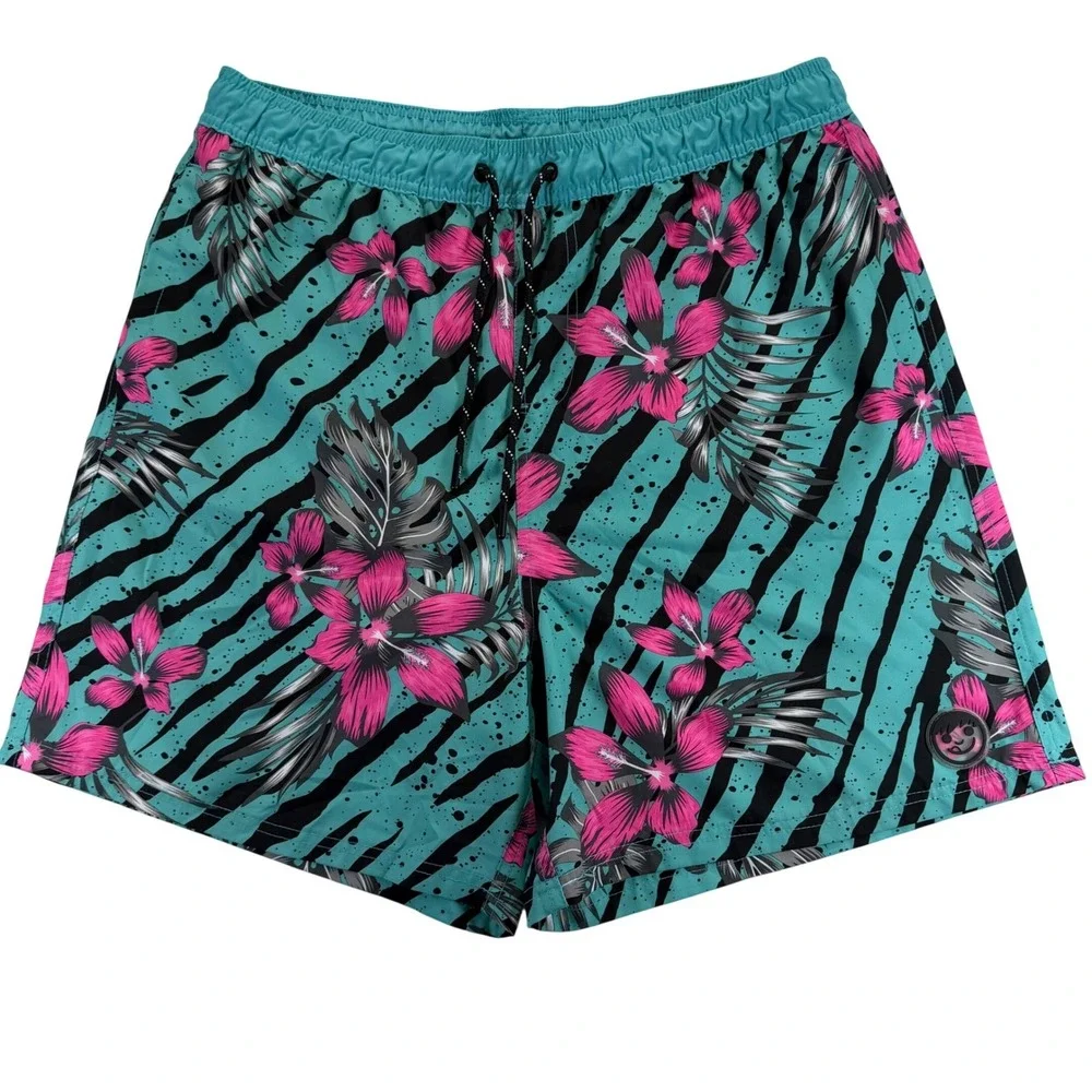 Neff Mens XL Board Shorts Teal Pink Floral Zebra Stripe Tropical Swim Trunks